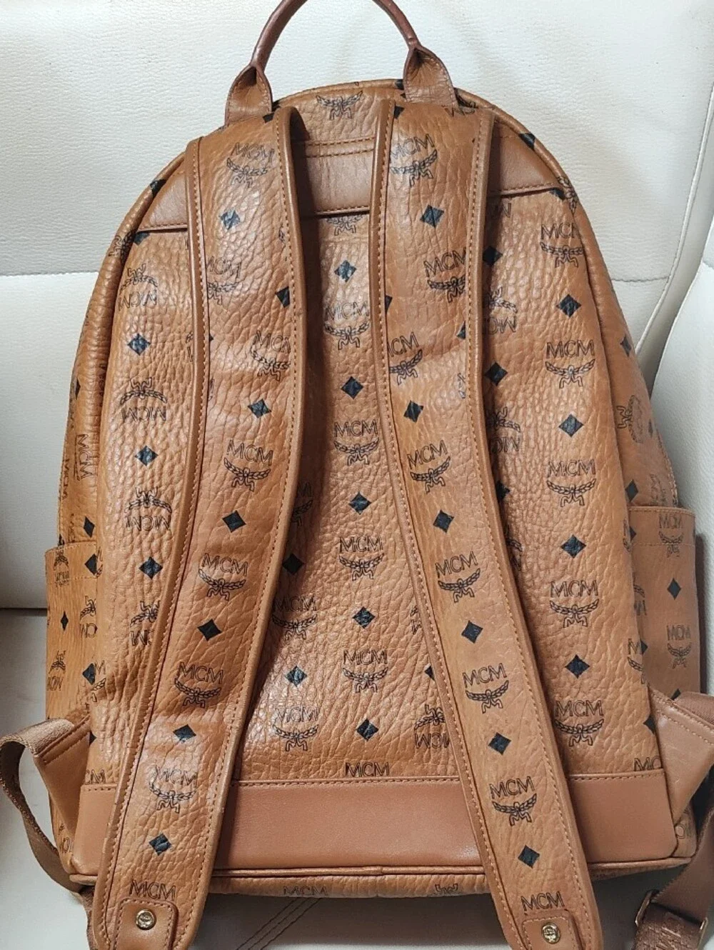 MCM Cognac Logo Print Leather Backpack with Gold Plate